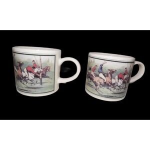 2 Vintage Stoneware Cups Mug Marked Japan  Polo Scene Horses